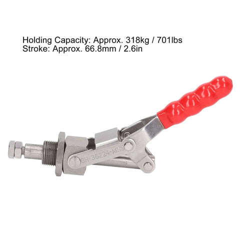 Beefed-Up Heavy Duty Toggle Clamp With 66.8mm Stroke And 180 Degree Push Pull Action, 701 Lb Capacity, hand operated, red handle