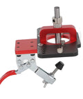 Precision 35mm Concealed Door Hinge Jig For Cabinets With Adjustable Depth Stops And Drill Bit Locator, aluminum jig with red accents.