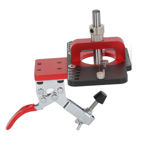Precision 35mm Concealed Door Hinge Jig For Cabinets With Adjustable Depth Stops And Drill Bit Locator, aluminum jig with red accents.