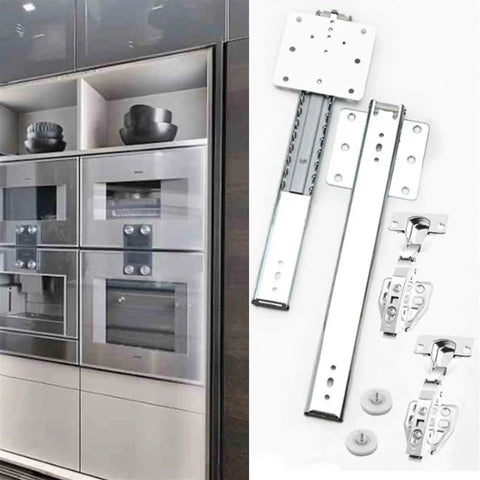 20 Inch Black Soft Close Sliding Cabinet Door Hardware Kit with galvanized steel ball bearing hinges displayed next to cabinet