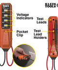 NCVT3PKIT Dual Range Non Contact Voltage Tester Kit With Flashlight showing voltage indicators and test leads in use