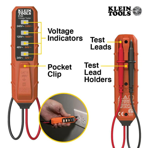 NCVT3PKIT Dual Range Non Contact Voltage Tester Kit With Flashlight showing voltage indicators and test leads in use