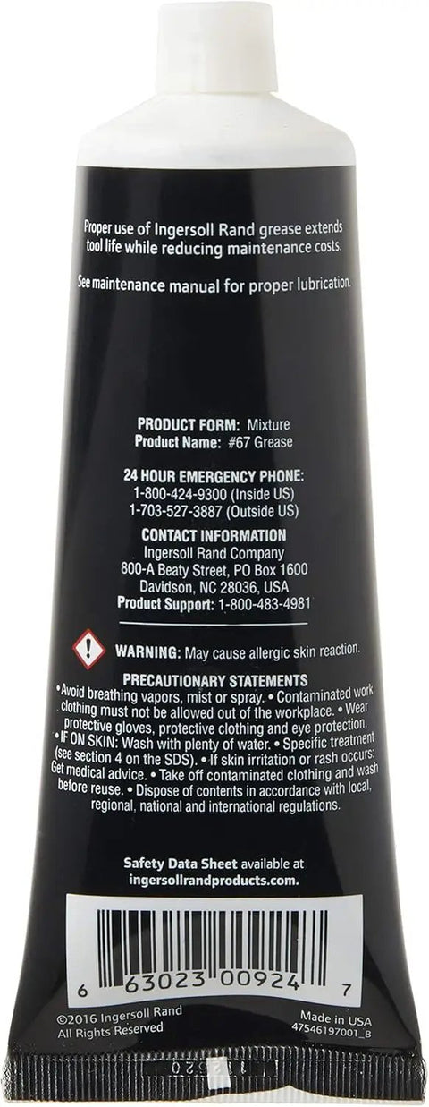 Back label of 4 Oz High Temp Grease 67 For High Speed Angle Heads Green Formula 67-4T Industrial Lubricant tube showing warnings and barcode.