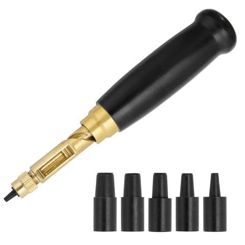 Slick Adjustable Leather Hole Punch Tool Kit With Six Sweet Interchangeable Bits For Knockout Precision In DIY Crafting Sewing And Leatherwork Projects Black, showing the tool and interchangeable bits.