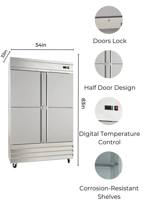 54 Inch 41 Point 3 Cu Ft Commercial Freezer Heavy Duty Four Half Door Stainless Steel Reach In Unit with digital temperature control