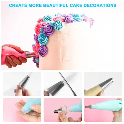 Dope 104 Piece Cake Decorating Tool Set With Turntable Piping Tips Scrapers Molds And Bag Caps in use for frosting a cake