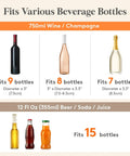 Diagram showing capacity of 11.5L ice bucket: fits 9 red wine, 8 rose, 7 champagne bottles, or 15 beer cans. Ideal for parties.