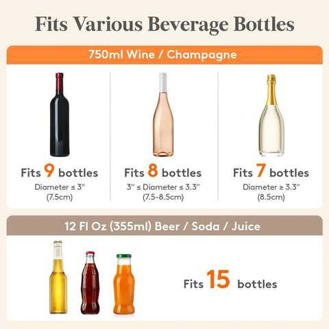 Diagram showing capacity of 11.5L ice bucket: fits 9 red wine, 8 rose, 7 champagne bottles, or 15 beer cans. Ideal for parties.
