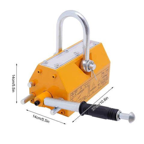 Heavy Duty Permanent Magnet Lifter With Rock Solid Grip Slick Rubber Handle And Reinforced U Loop Shackle Hook, side view with dimensions.