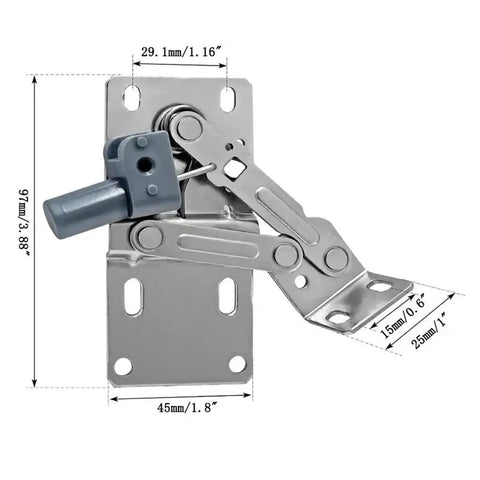 2 Pack Self Closing 45 Degree Pivot Cabinet Hinges with Tip Out Trays, shown with dimensions and metal framing.
