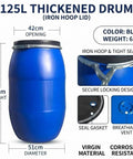 125L Rain Barrel Alternative Blue Open Top Storage Keg With Lid For Water Storage And Fermentation, Food Grade Plastic Drum