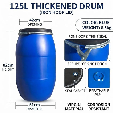 125L Rain Barrel Alternative Blue Open Top Storage Keg With Lid For Water Storage And Fermentation, Food Grade Plastic Drum