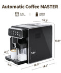 Fully Automatic Espresso Machine With Built In Adjustable Grinder And Auto Milk Frother Seven One Touch Brew Presets showing dimensions and design in black finish.