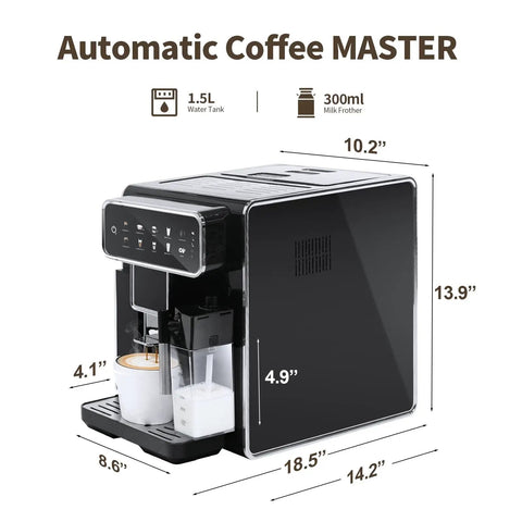 Fully Automatic Espresso Machine With Built In Adjustable Grinder And Auto Milk Frother Seven One Touch Brew Presets showing dimensions and design in black finish.