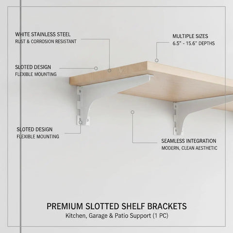 White Stainless Steel Slotted Shelf Bracket With Stud Alignment For Kitchen, Garage And Patio Shelving, wall-mounted with shelf
