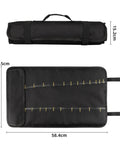 Portable Canvas Knife Roll Bag For Chef Knives And Cutlery, Heavy-Duty Knife Storage Case open and folded with dimensions