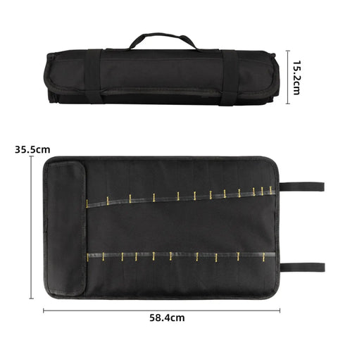 Portable Canvas Knife Roll Bag For Chef Knives And Cutlery, Heavy-Duty Knife Storage Case open and folded with dimensions