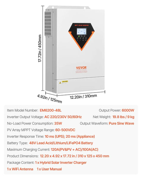 Beefy 6000W Hybrid Solar Inverter 48V DC To 230V AC Single Phase with Built In 120A MPPT Controller, product dimensions shown