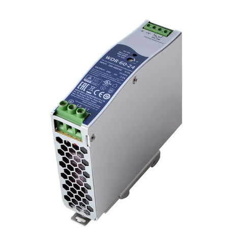 Heavy Duty Industrial Din Rail Power Supply 60 Watt 24 Volt 2.5 Amp with green connectors and metal casing for efficient use.