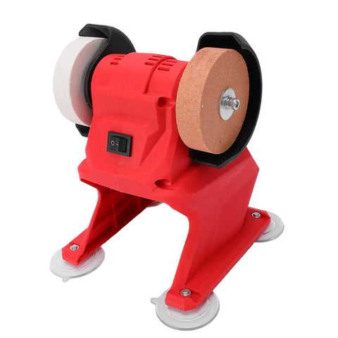 No Nonsense Cordless Bench Grinder Packing 5500 RPM And 70mm Dual Wheels, red compact tool for quick deburring tasks.