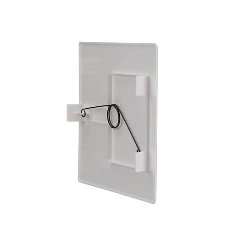 Back view of Spring Fit 14 By 14 Drywall Access Panel With Spring Loaded Clips Conceals Plumbing And Wiring, white polystyrene