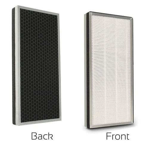 Front and back of MA 40 Replacement Filter 3 In 1 H13 Main Filter And Activated Carbon For MA 40 Air Purifier Direct Fit 2 Pack