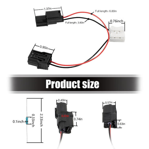 VCM Control Module Wiring Harness Plug Kit With Four Resistors For 3.5L V6 Engines Includes 68 Ohm 82 Ohm 100 Ohm And 120 Ohm Four Button Connector To Link Resistors And Harness Boosts Fuel Efficiency For Honda Accord Pilot Odyssey Black shown with dimensions.