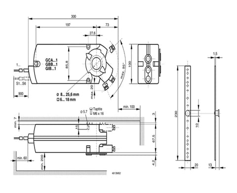 Technical drawing of Heavy Duty 24V AC Modulating Air Damper Actuator Gbb164.1E with dimensions and mounting details.
