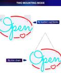 Open Sign For Business 16x12 Inch LED Neon Sign USB Powered Brightness Adjustable For Window Bar Store Party Decor Eye Catching Neon Light Sign Perfect For Day Or Night showing two mounting options with suction cups and iron chain.