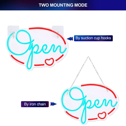 Open Sign For Business 16x12 Inch LED Neon Sign USB Powered Brightness Adjustable For Window Bar Store Party Decor Eye Catching Neon Light Sign Perfect For Day Or Night showing two mounting options with suction cups and iron chain.