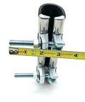 Front view of a stainless steel one-piece galvanized repair pipe clamp with two bolts, sized 1-1/4 x 6 inches.