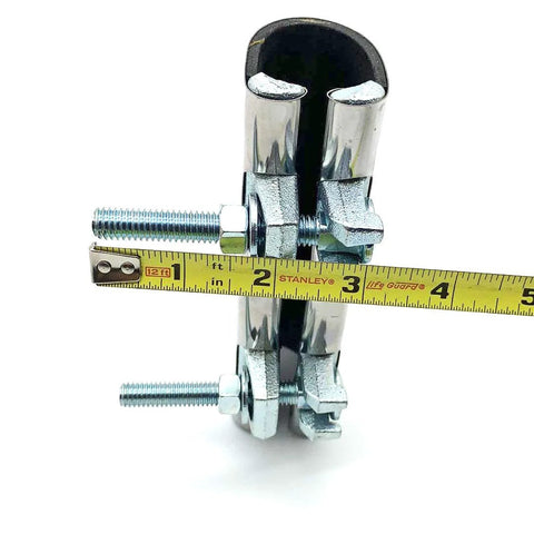 Front view of a stainless steel one-piece galvanized repair pipe clamp with two bolts, sized 1-1/4 x 6 inches.