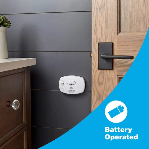 Battery Operated Carbon Monoxide Alarm 6 Pack With Advanced Electrochemical Sensor installed on wall next to furniture.