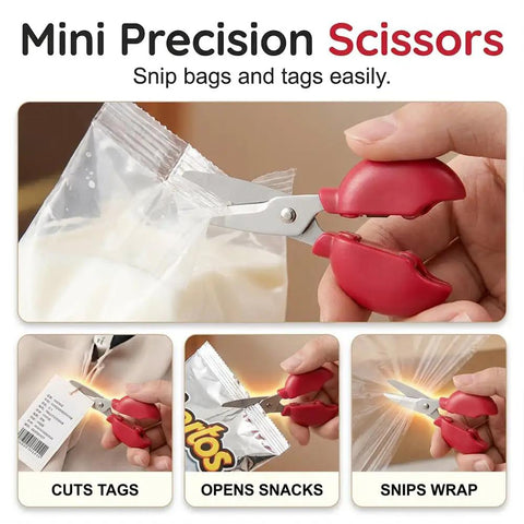 Close-up of mini scissors from Three In One Handy Crab Shaped Kitchen Tool With Magnetic Bottle Opener cutting plastic bag