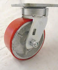 Built Tough Heavy Duty Swivel Casters With Bulletproof 5 Inch Polyurethane Wheels On Steel Core rock solid design close-up.