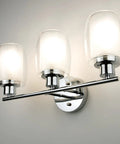 Three Light Chrome Bathroom Vanity Fixture With Dope Double Layer Anti Glare Shade For Mirror And Hallway Modern Wall Sconce