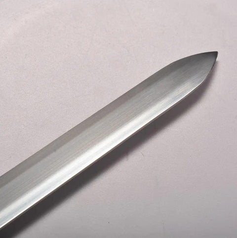 Close-up of the blade tip of the Stainless Steel Medieval Cross Crusader Knight Templar Sword With Scabbard 33.9 Inch Overall Length.