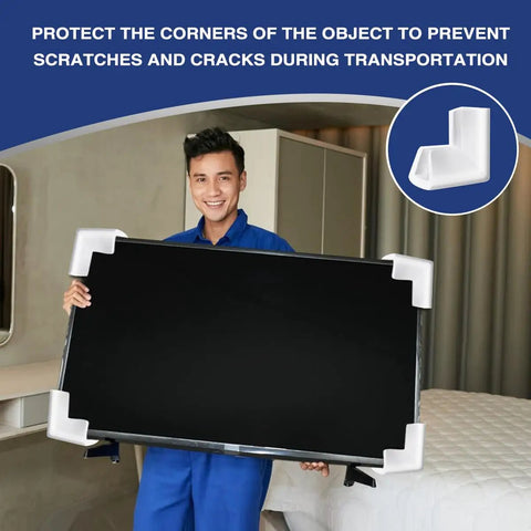 Man holding TV with 24 Pack Edge Foam Corner Protectors For TV Frames Photos Mirrors And Picture Frames Universal Packing Foam
