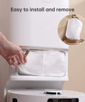 Person installing 3L dust bag in L10s Ultra robot vacuum, showing sealed lock-in design for hands-free cleaning without mess for 60 days.
