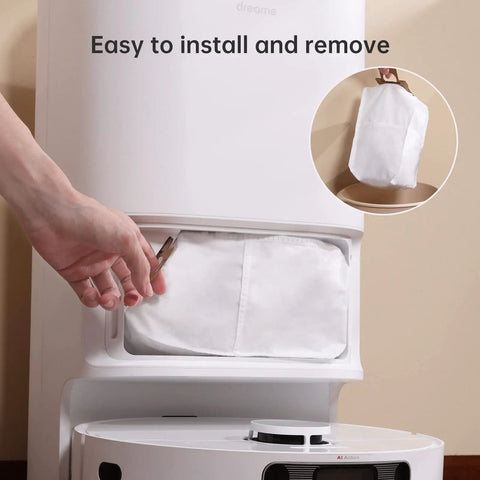Person installing 3L dust bag in L10s Ultra robot vacuum, showing sealed lock-in design for hands-free cleaning without mess for 60 days.