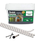 No 7 By 2 Inch Hex Head Steel Trim Screws Finished White For Tough Grip And Quick Install On Wood Framing Drywall Panels And Metal Stud Mounting Jobs Around Town in a white bucket
