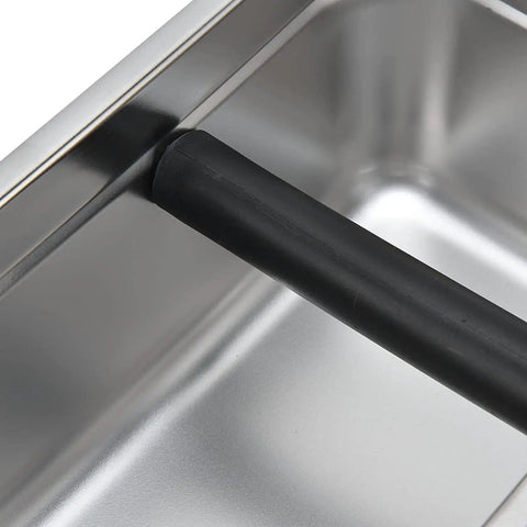 Close-up of the Boss Move Stainless Steel Coffee Knock Box For Espresso Pro Barista Gear showing the rubber handle detail.