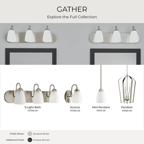 Gather Collection Three Light Bath Vanity Light With Etched Glass Shades In Brushed Nickel Finish Display