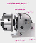 Workhorse Rotary Indexing Head With Three Jaw Chuck And Separate Tailstock For No Sweat Alignment During Precision Milling Drilling Tasks Eight Inch Version side view showing quick release plugs and adjustment vertical features.