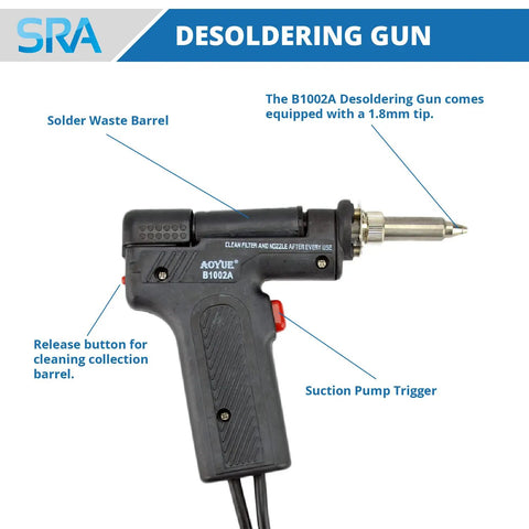 Pro Grade Digital Desoldering Station With 80W Heater And Built In Vacuum Pump showing solder waste barrel and suction pump trigger.
