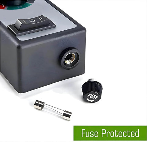 AC Motor Speed Controller For Fans Up To 15A Max 120V Adjustable Dial, showing fuse component and protective fuse label