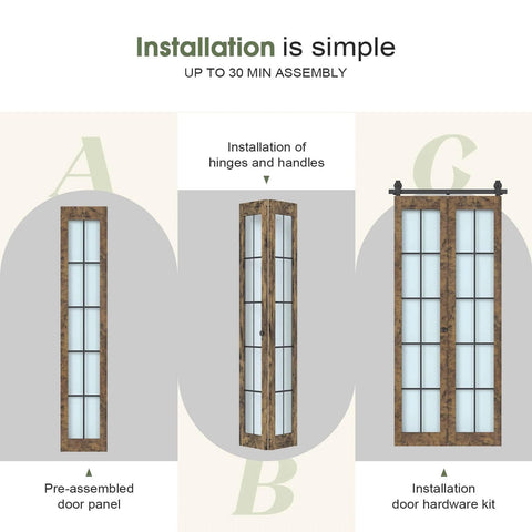 Preassembled Bifold Barn Door Set 32 by 84 Inches With Double 16 by 84 Panels Solid Wood and Grid Glass Includes Hardware Kit