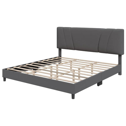 Rock Solid Upholstered King Bed Frame With Adjustable Headboard And Soft Grey Linen, Wood Slat Support, No Boxspring Needed, Quick Assemble, Bedroom Glow Up, showing grey upholstered bed frame with wood slat support.