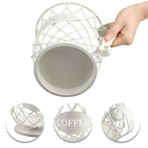 White Wire K Cup Storage Organizer For 35 Pods Space Saving Coffee Pod Holder For Kitchen Counter Medium Capacity K Cup Stand Easy Access Capsule Holder Modern Home Decor, angled view with hand holding.