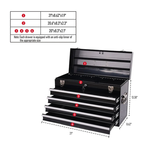 21 Inch Heavy Hitter Metal Tool Box With Four Smooth Drawers And Tight Auto Latching Steel Tool Chest Built Legit For Shop Grind And Weekend Warrior Gear Black with four extended drawers open.